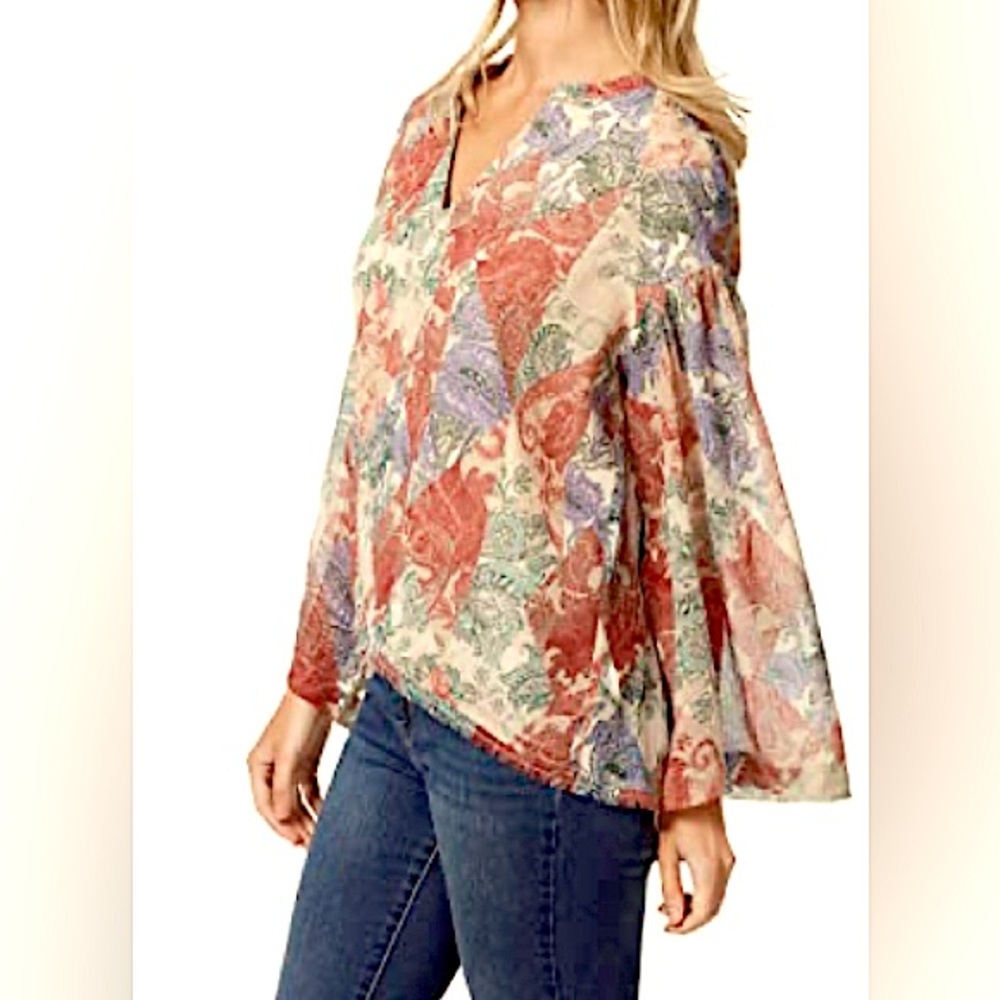Jessica Simpson Multicolor Patterned Top/Raw Hem/Size S (big- fits like an 8/10) - Picture 3 of 8